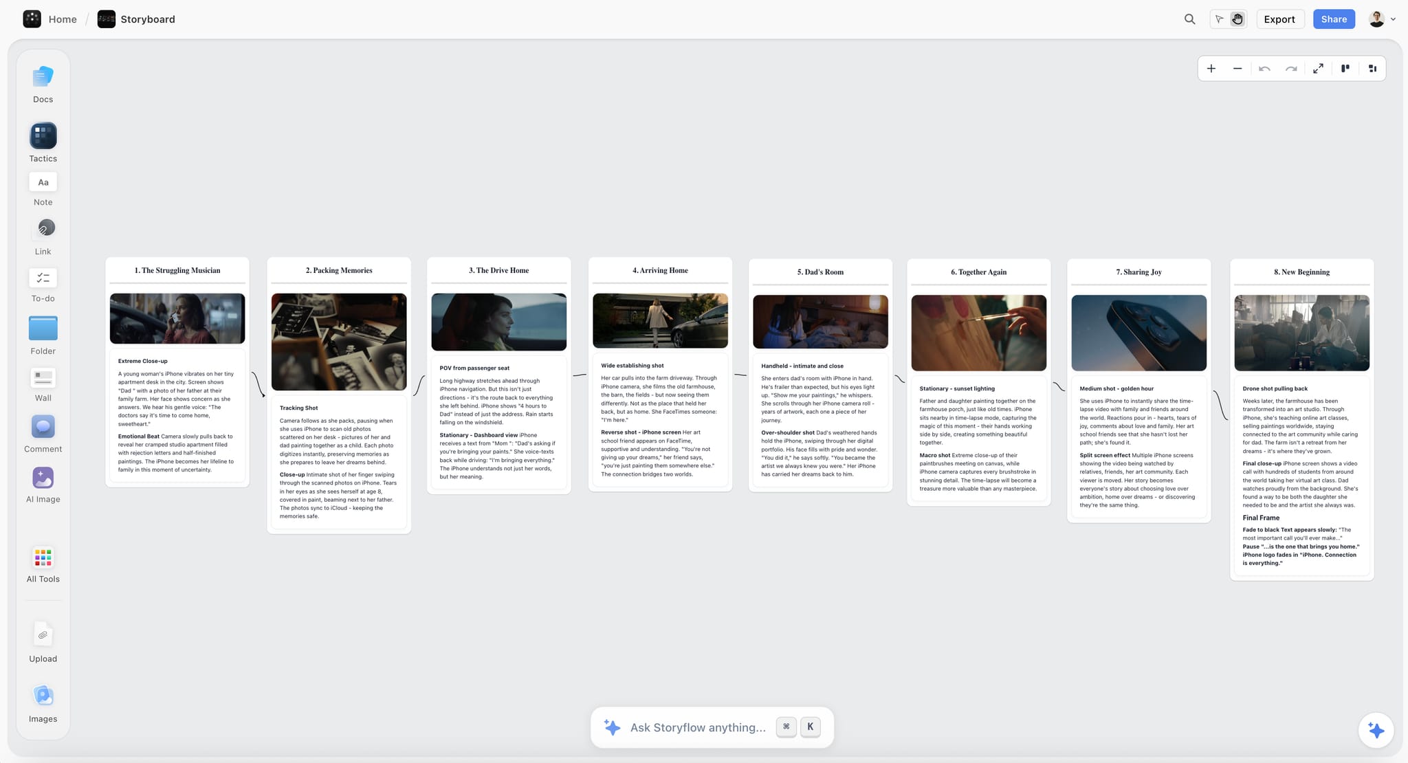 Film storyboard built in Storyflow, light mode